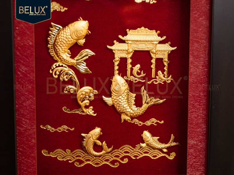 Tranh Cá Chép Vượt Vũ Môn Dát Vàng 24k- 25x20cm